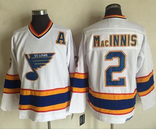 Blues #2 Al MacInnis White/Yellow CCM Throwback Stitched NHL Jersey - Click Image to Close